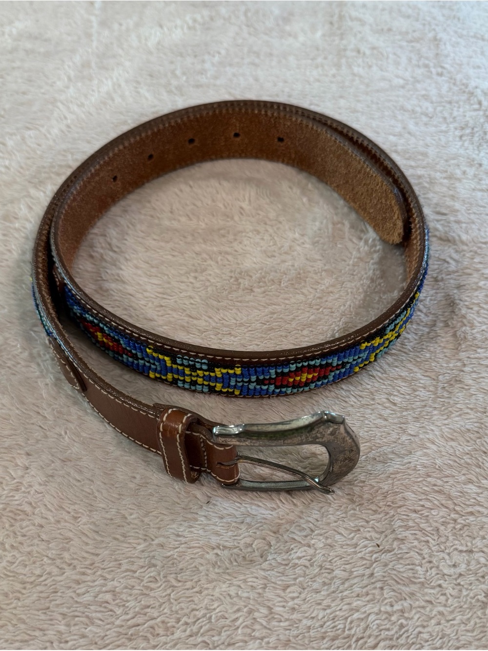 Brown Leather Women’s Beaded Belt with Blue & Yellow Accent 37” long